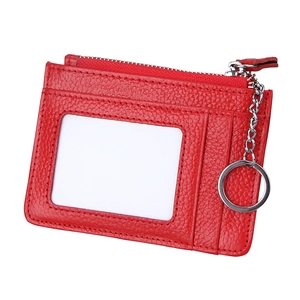 Red RFID blocking leather card wallet with lychee pattern and silver keychain loop