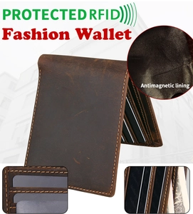 Macro detail of crazy horse leather wallet with RFID blocking slots and security lining