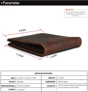 Detailed size specifications for the vintage brown genuine leather RFID men's wallet
