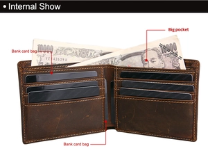 Detail view of crazy horse leather wallet with multiple card slots and cash pocket
