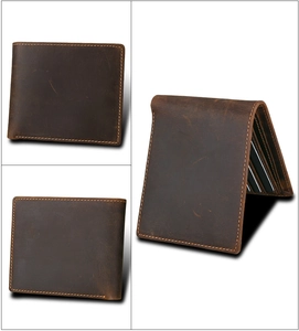 Multiple views of dark brown crazy horse leather wallet with RFID protection and hand-stitching