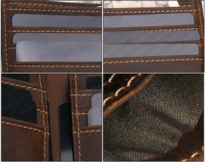 Macro shot of crazy horse leather wallet with RFID blocking slots and durable hand-stitching