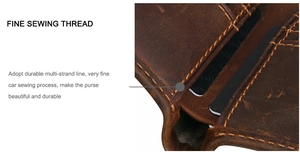 Macro detail of brown crazy horse leather wallet with reinforced fine stitching and card slots
