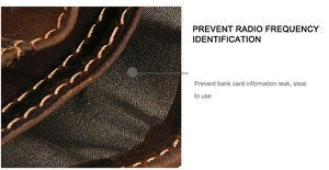 Macro shot of crazy horse leather wallet with RFID blocking inner lining and beige stitching