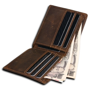 Men's Vintage Crazy Horse Genuine Leather Bifold Wallet Short RFID Blocking Multi Card Slot Retro Brown Cowhide Money Clip