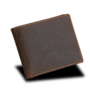 Classic dark brown crazy horse leather men's RFID wallet with visible stitching detail