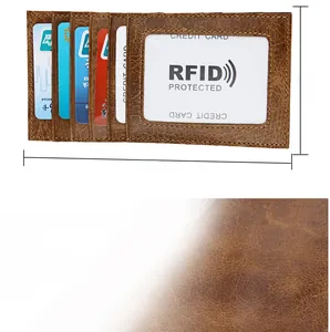 Detailed view of brown crazy horse leather card holder with RFID blocking slots