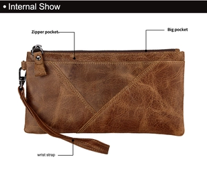 Brown crazy horse leather wristlet wallet with dual zipper pockets and strap