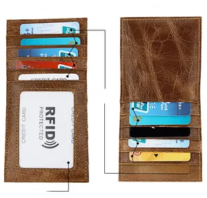 Brown crazy horse leather wallet detail showing multiple card slots and RFID protection