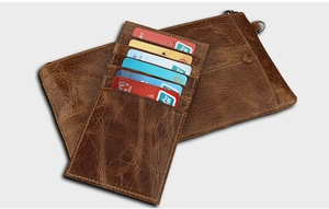 Detailed macro shot of crazy horse leather wallet with multiple RFID blocking card slots