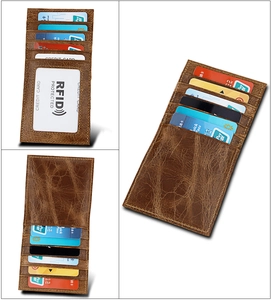 Macro view of slim crazy horse leather wallet with six card slots and RFID protection