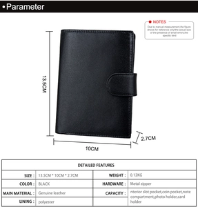 Größentabelle für schwarze Echtleder Geldbörse mit RFID Schutz und 13,5 x 10 x 2,7 cm Maßen