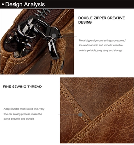 Detail of durable dual metal zippers and reinforced stitching on crazy horse leather wallet