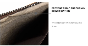 Macro detail of RFID blocking wallet interior lining with metallic zipper closure