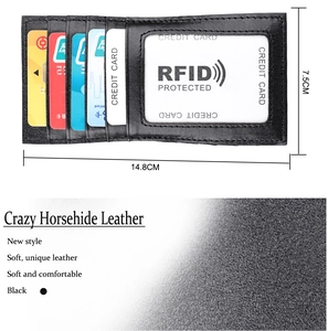 Detail of RFID blocking crazy horse leather wallet with dimensions and 5 card slots