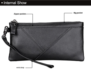 Detail of crazy horse leather wallet with internal zipper pockets and wrist strap