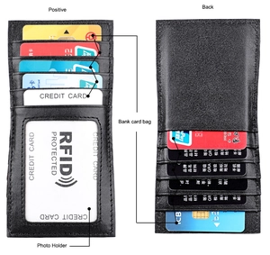 Detail of RFID blocking leather wallet showing card slots and photo holder