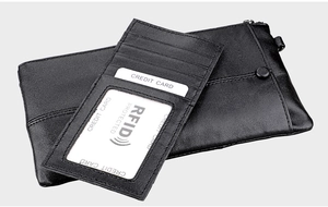 Detail view of black crazy horse leather RFID blocking wallet with card slots and zipper
