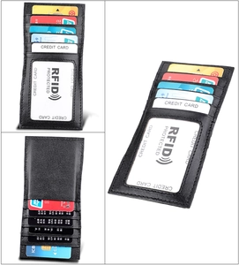 Detailed views of slim black crazy horse leather RFID wallet with multi-card slots