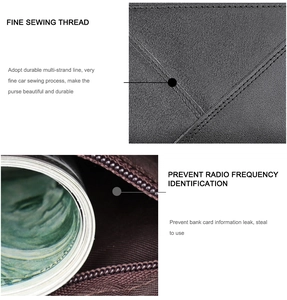 Detail of durable stitching and RFID blocking technology on black leather wallet