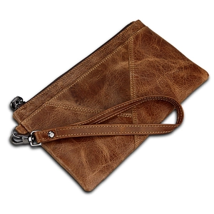 Brown vintage crazy horse leather RFID blocking wristlet wallet for men with strap