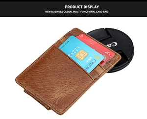 Detailed view of brown leather card holder with multiple slots and neat stitching