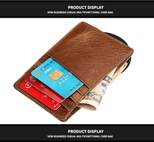 Detail view of a vintage crazy horse leather wallet with card slots and money clip for men