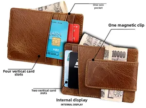 Macro detail of crazy horse leather wallet showing money clip and six card slots