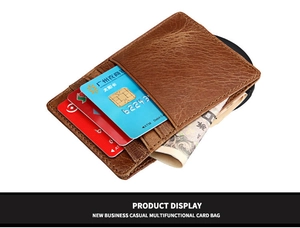 Close-up of brown crazy horse leather wallet showing multiple card slots and money clip
