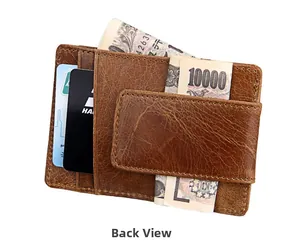 Rear view of brown leather card holder featuring magnetic money clip and multiple card slots