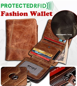 Macro view of RFID protection lining and internal card slots in brown leather wallet