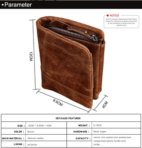 Detail showing dimensions 12x9.5x4cm of vintage brown leather wallet with RFID protection