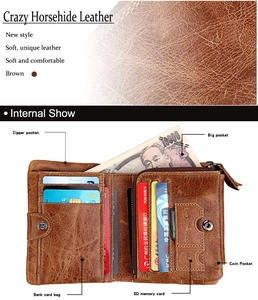 Detailed view of brown crazy horse leather wallet interior with card slots and coin pocket