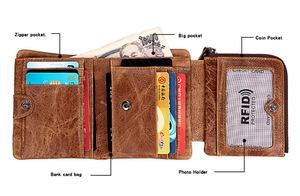 Detailed interior of crazy horse leather tri-fold wallet with RFID protection and card slots