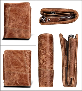 Detailed views of brown crazy horse leather wallet with RFID blocking and zip closure
