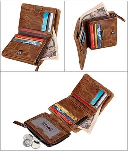 Detailed interior of crazy horse leather wallet with RFID slots and zip coin pocket
