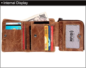 Internal display of crazy horse leather wallet with RFID card slots and zipper pocket