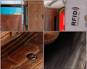 Detail of crazy horse leather wallet with RFID protection and dedicated SD card slot