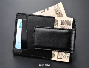 Detail of minimalist black leather wallet featuring magnetic money clip and card slots