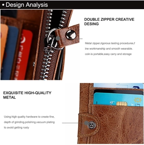 Detail of crazy horse leather wallet with metal zippers and multi-slot card holder