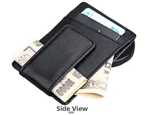 Side view of slim black crazy horse leather card holder with cash and cards inserted