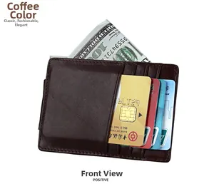 Detail view of coffee leather card holder with five slots and cash pocket showing stitching