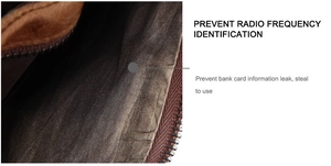 Detail of RFID blocking lining and zipper in crazy horse leather men wallet