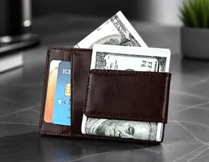 Detail of crazy horse leather wallet with magnetic money clip and multiple card slots