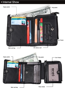Detailed interior of men's leather wallet with multi-card slots and RFID protection