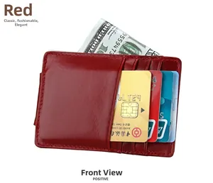Front view of red oil-wax leather slim wallet with multiple card slots and cash slot