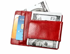 Detail view of red crazy horse leather slim wallet with card slots and money clip
