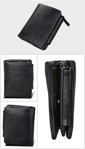 Detailed views of a black crazy horse leather wallet with RFID blocking and coin pocket