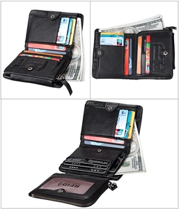 Detailed interior of RFID-blocking black leather wallet with multiple card slots and coin pocket