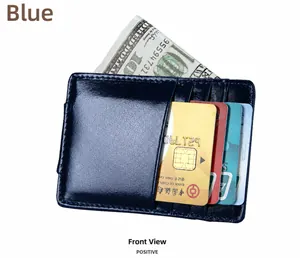 Detailed view of genuine leather card holder in deep blue with vertical slots and banknote pocket
